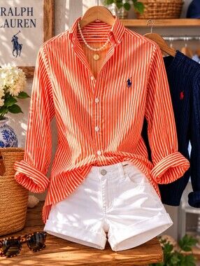 Ralph Lauren Orange and White Striped Button-Down Shirt Lg Slim Fit